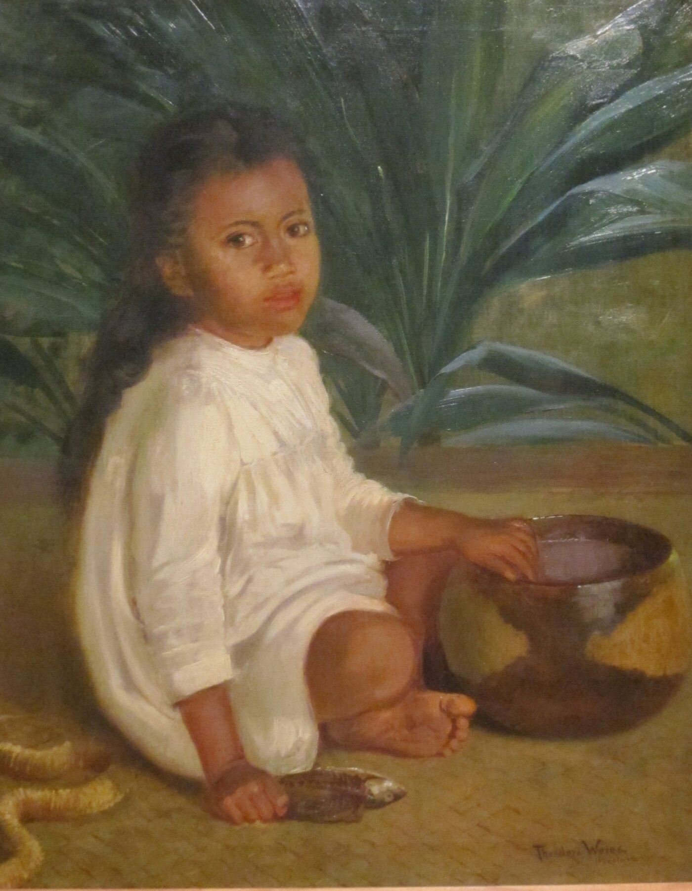 Hawaiian Child with Poi Bowl — a c. 1901 oil painting by Theodore Wores, showing a Hawaiian child seated with a calabash poi bowl and a whole fish — the kalo and the kai that an ʻohana tends so a child may eat.