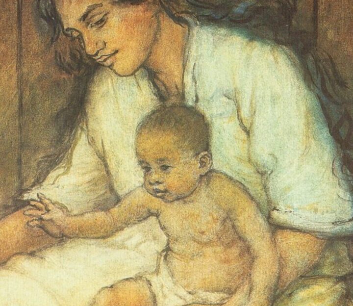 Detail of a Hawaiian mother and her infant, from Charles W. Bartlett's Hawaiian Mother and Child (c. 1920).