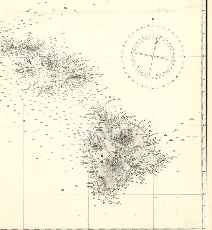 Detail of the 1881 Admiralty Chart No. 1510 — Hawaiʻi Island (centre), with Maui, Lānaʻi, and Molokaʻi to the northwest.